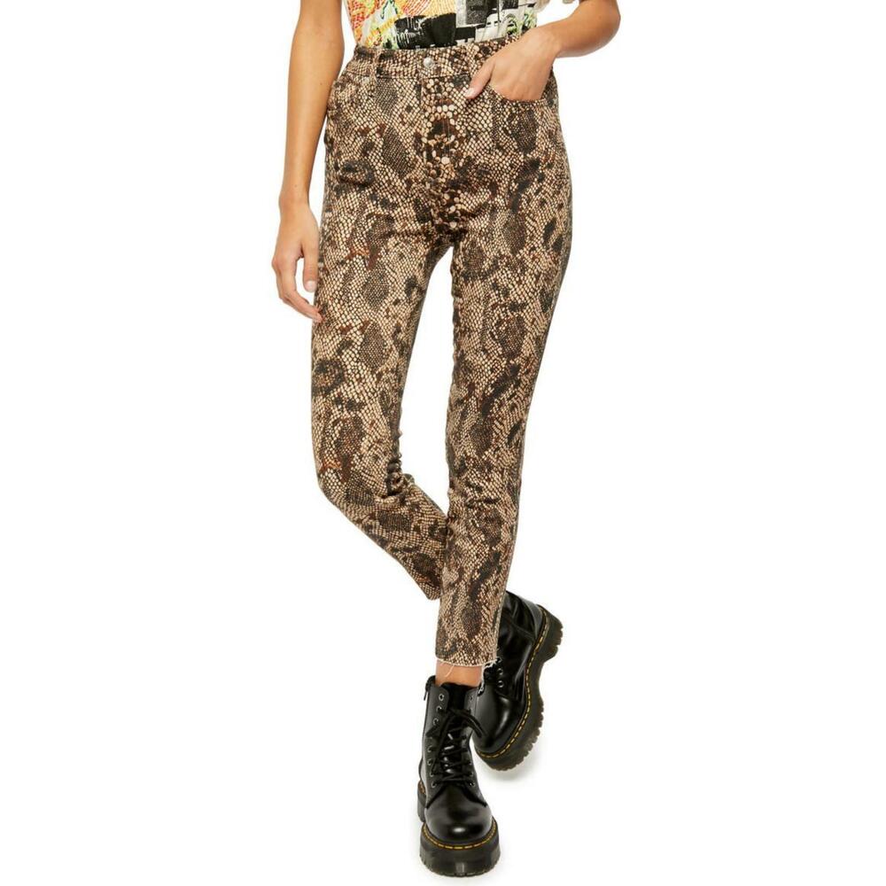 Free People Womens High Waist Jeggings Sz 24 Brown Snakeskin Stretch Raw Hem NWT - Picture 1 of 10